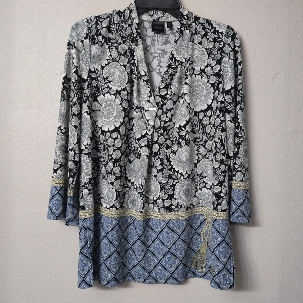 Rafaella Womens Small Floral Tunic Top Black White Blue Geometric V-Neck C9-451
